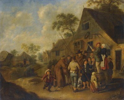 Figuren die het Nieuws Verkondigen op Vaten Buiten een Herberg door Jan Miense Molenaer door Nicolaes Molenaer